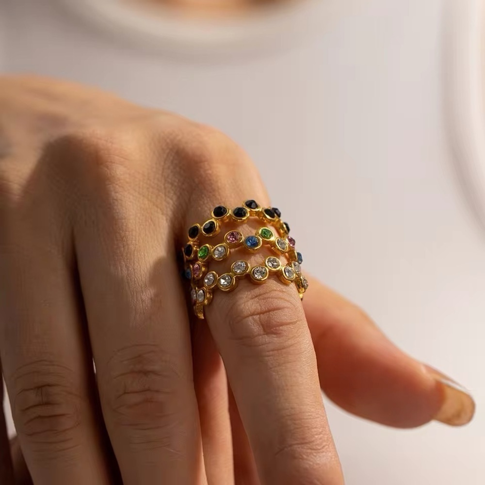 18k Gold Plated Black Cubic Zirconia Staggered Open Ring - Picture 5 of 7